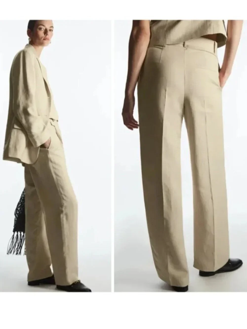 NEW COS | Relaxed Linen-Blend Wide-Leg Trousers in Beige (38, US 6)